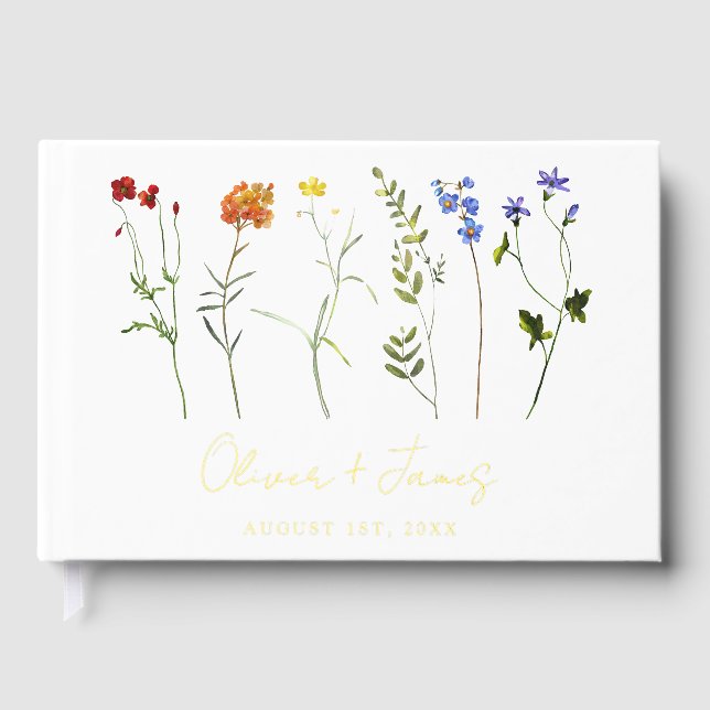 Minimal Wildflower LGBTQ Gay Pride Floral Wedding Guest Book (Front)