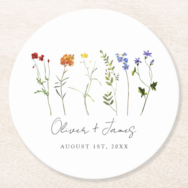 Minimal Wildflower LGBTQ Gay Pride Floral Wedding Round Paper Coaster (Front)