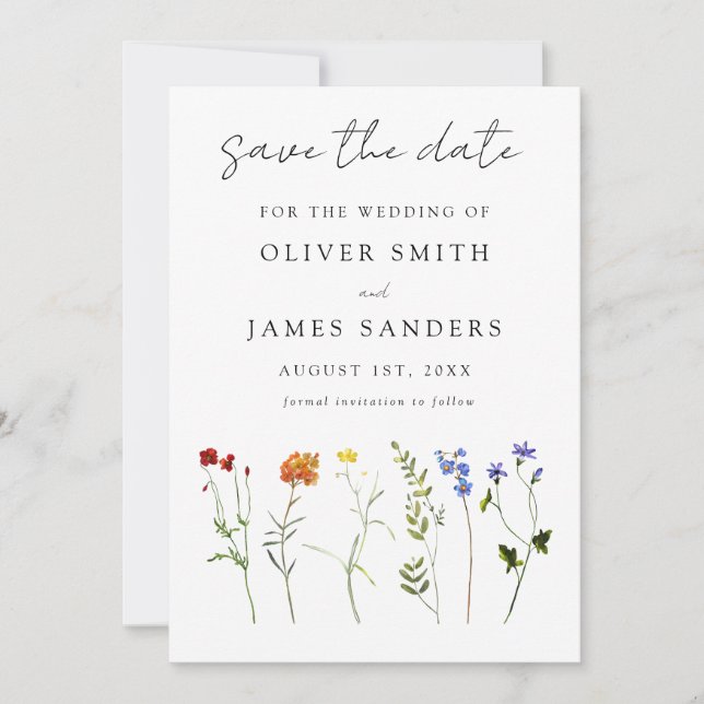 Minimal Wildflower LGBTQ Gay Pride Floral Wedding Save The Date (Front)