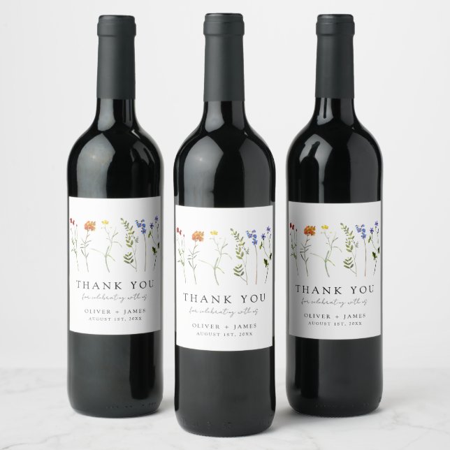 Minimal Wildflower LGBTQ Gay Pride Floral Wedding Wine Label (Bottles)