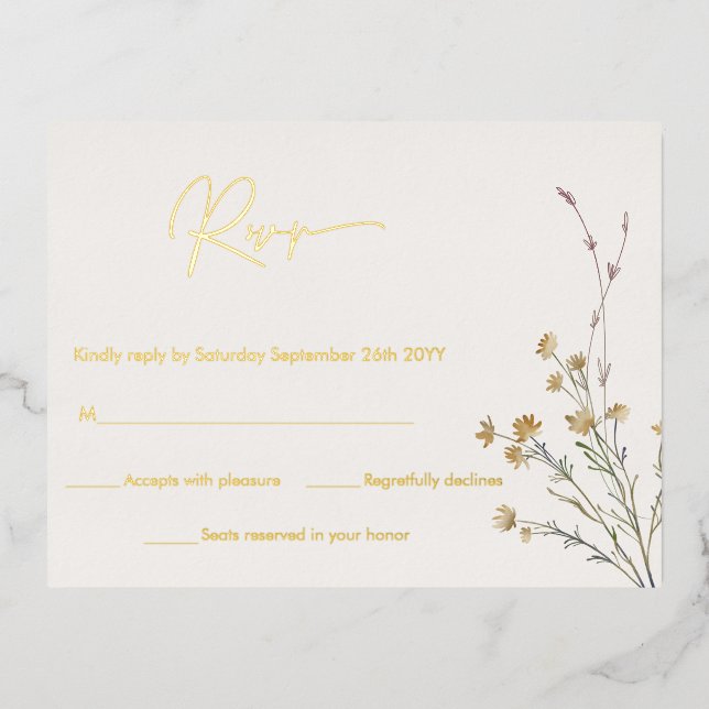 Minimal Wildflowers Floral Simple RSVP Real Gold Foil Invitation Postcard (Front)