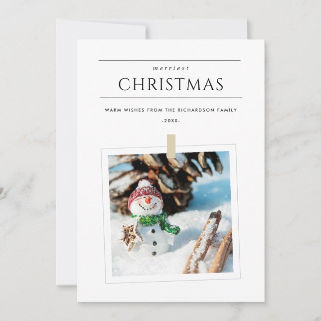 MINIMAL WINTER PHOTO SNOWMAN MERRIEST CHRISTMAS HOLIDAY CARD (Front)
