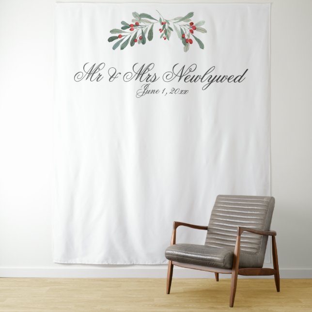 Minimal Winter Sprigs Wedding Photo Backdrop Tapestry (In Situ)