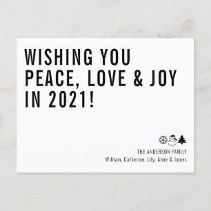 Minimal Wishing You Peace Love Joy 2021 New Year Holiday Postcard