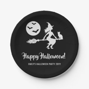Minimal Witch Girl Black And White Halloween Party Paper Plate