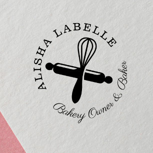Minimal Wooden Rolling Pin & Whisk Bakery Logo Self-inking Stamp