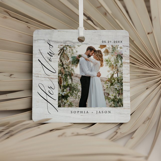 Minimal Woodgrain Wedding Her Vows Couples Photos Metal Tree Decoration (Minimal Woodgrain Wedding Her Vows Couples Photos Metal Ornament)