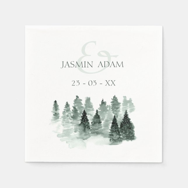 Minimal Woodland Trees Rustic Green Wedding Napkin (Front)