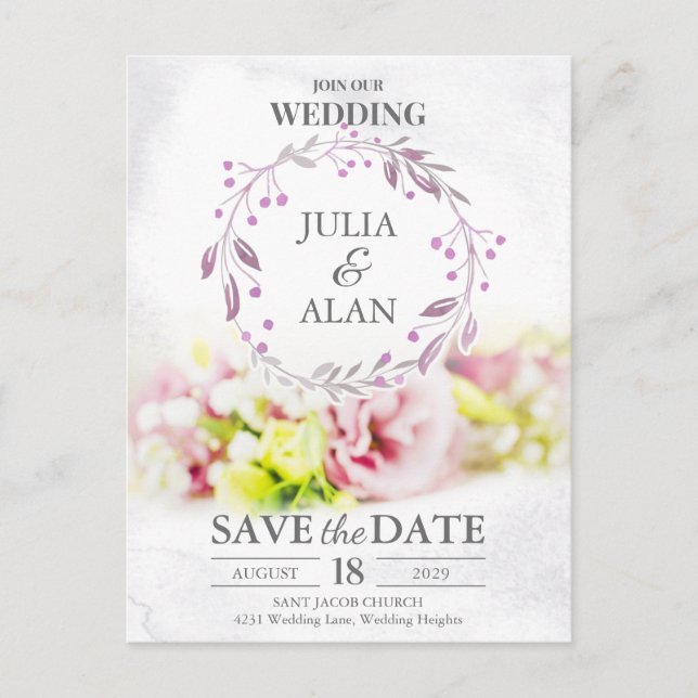 Minimal Wreath Floral Save the Date Wedding Postcard (Front)