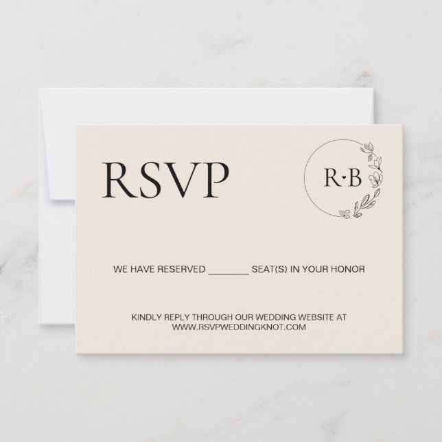Minimal wreath Monogram Black and Cream wedding RSVP Card (Front)