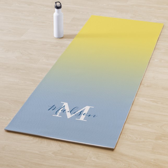 Minimal Yellow Blue Gradient Monogram Script Name Yoga Mat (In Situ)