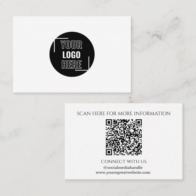 Minimal Your Logo Here Black and White QR Code Business Card (Front/Back)