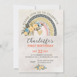 Minimali Pompas Grass Retro Rainbow Boho Birthday  Invitation