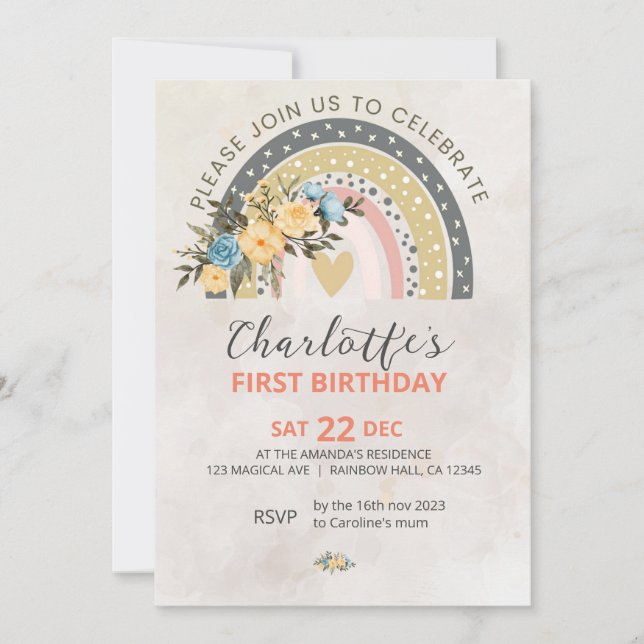 Minimali Pompas Grass Retro Rainbow Boho Birthday  Invitation (Front)