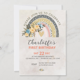 Minimali Pompas Grass Retro Rainbow Boho Birthday Invitation