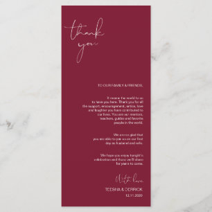 Minimalism Burgundy Script Place Setting Thank You Programme