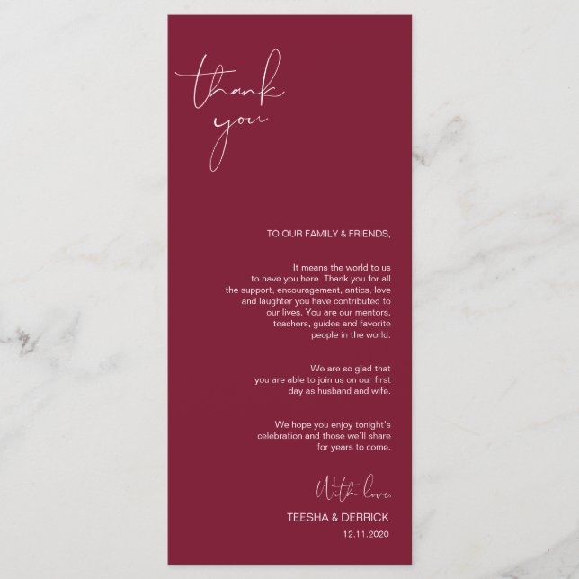 Minimalism Burgundy Script Place Setting Thank You Programme (Front)