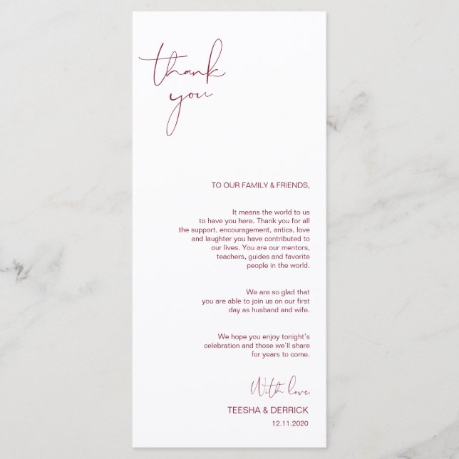 Minimalism Burgundy Script Place Setting Thank You Programme (Front)