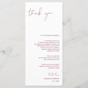 Minimalism Burgundy Script Place Setting Thank You Programme