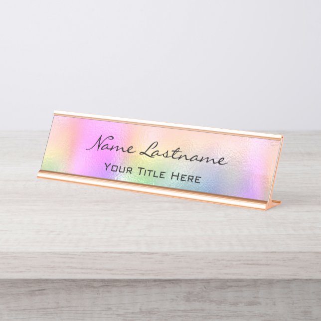 Minimalism Custom Elegant Holographic Pink Blue Desk Name Plate (Front)