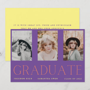 Minimalism Custom Three Photo High School Graduate Announcement