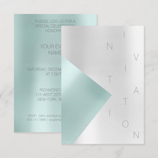 Minimalism Fashion Event Metallic Aqua Tiffany Invitation (Front/Back)