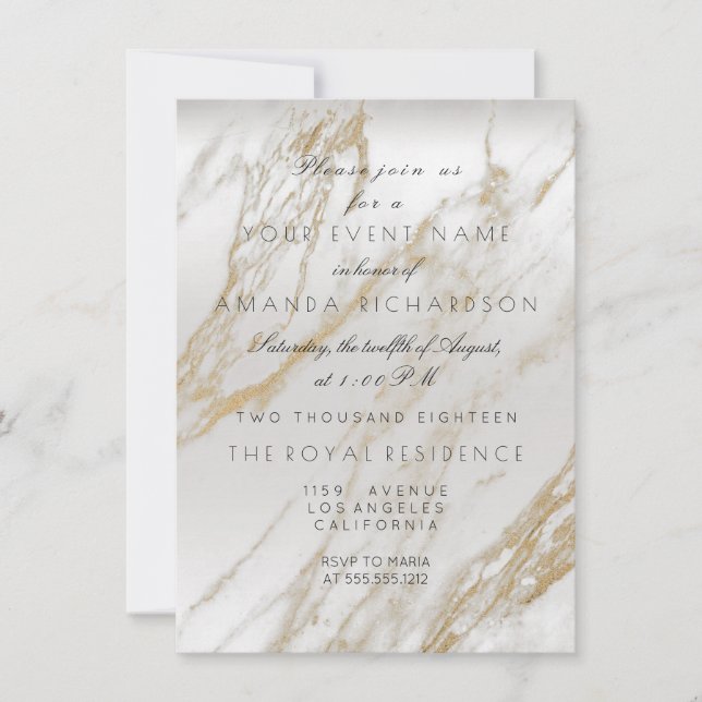 Minimalism Gold White Gray Marble Silver Metallic Invitation (Front)
