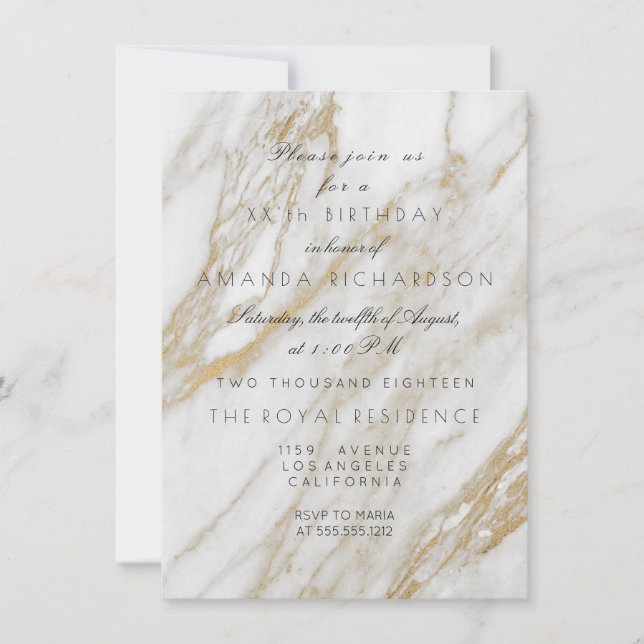 Minimalism Gray Gold White Marble  Birthday Invitation (Front)