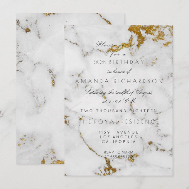 Minimalism Gray White Marble Gold Birthday Invitation (Front/Back)