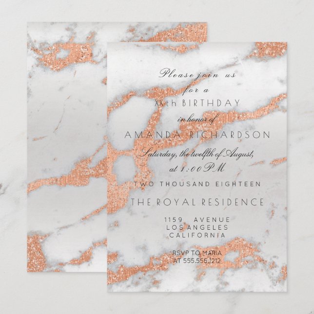 Minimalism Grey Marble Rose Gold Copper Birthday Invitation (Front/Back)