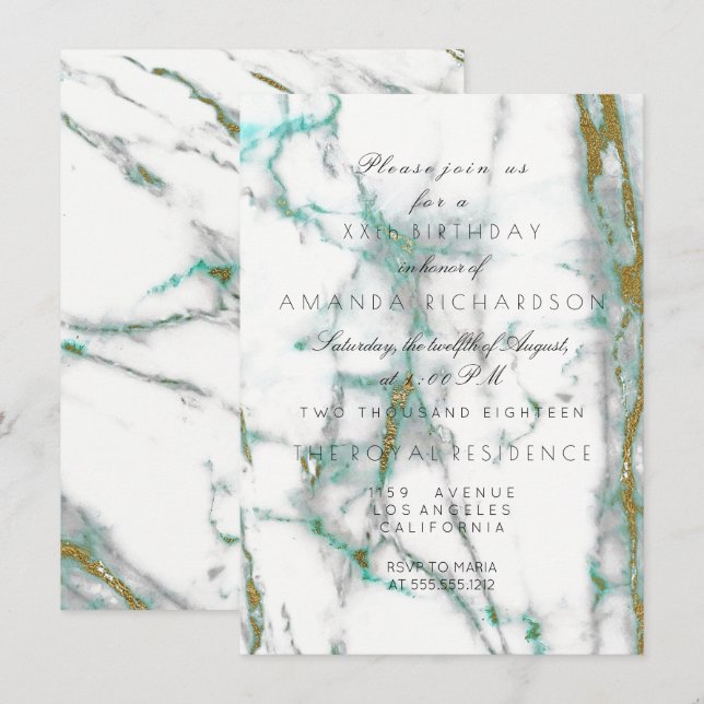 Minimalism Mint Green White Gold Green Marble Invitation (Front/Back)