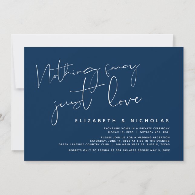 Minimalism Navy Blue, Wedding Elopement Party Invitation (Front)