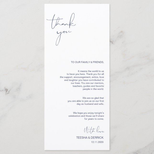 Minimalism Navy Script Place Setting Thank You Programme (Front)