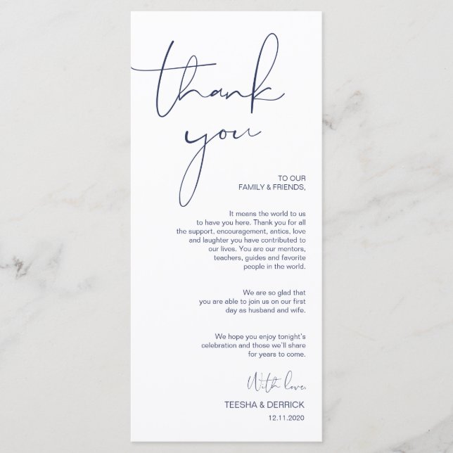 Minimalism Navy Script Place Setting Thank You Programme (Front)