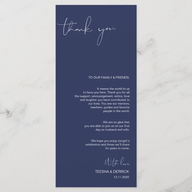 Minimalism Navy Script Place Setting Thank You Programme (Front)