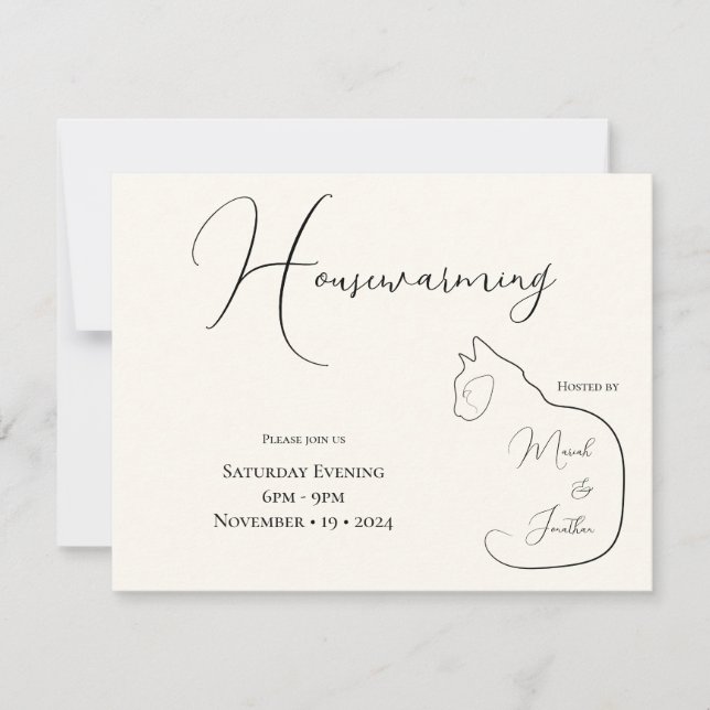 Minimalism Sitting Cat Black & Cream Housewarming Invitation (Front)