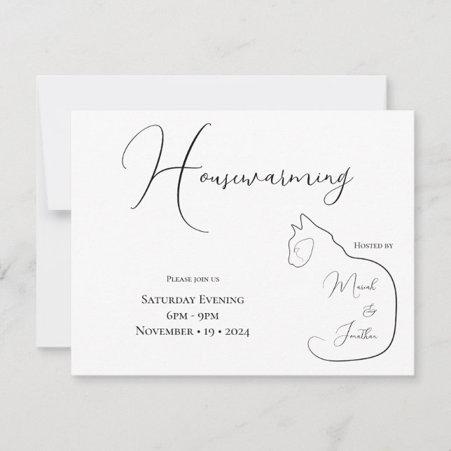 Minimalism Sitting Cat Black & White Housewarming Invitation (Front)