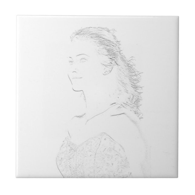 Minimalism Sketch Drawing Young Lady Face Head Tile (Front)