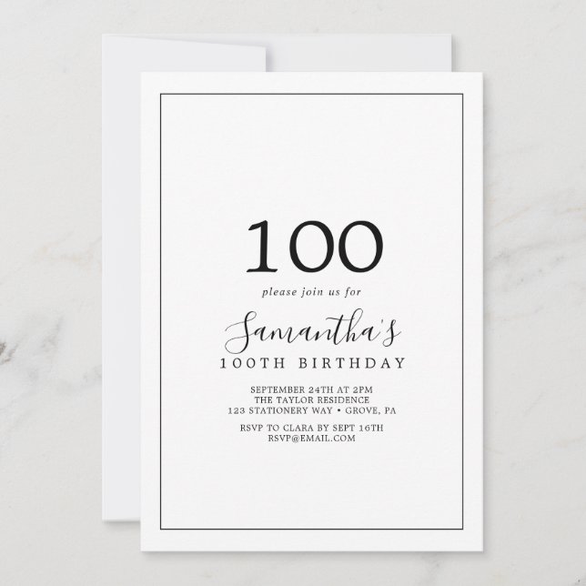 Minimalist 100th Birthday Invitation (Front)