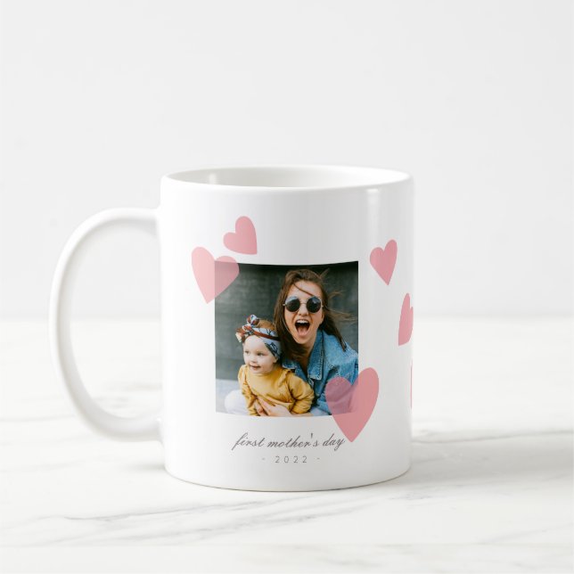 Minimalist 1st Mother's Day Photo Gift with Hearts Coffee Mug (Left)