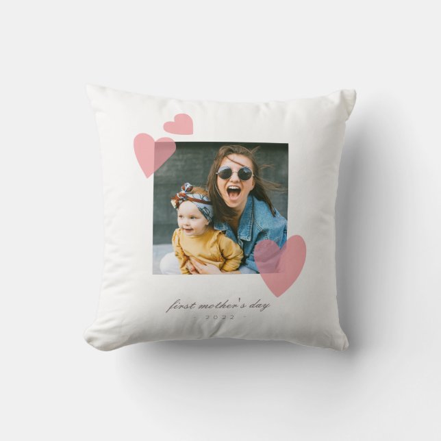 Minimalist 1st Mother's Day Photo Gift with Hearts Cushion (Front)