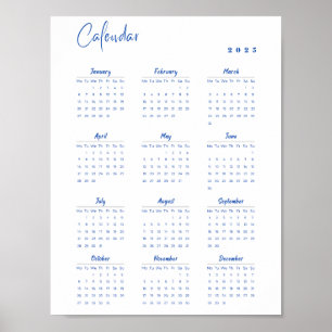 Minimalist 2025 Wall Calendar Blue Monday - Sunday Poster