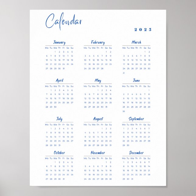 Minimalist 2025 Wall Calendar Blue Monday - Sunday Poster (Front)