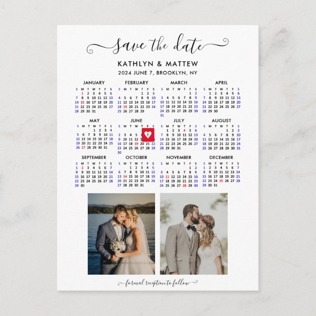 Minimalist 2 Photo 2024 Calendar Save the Date Announcement Postcard (Front)