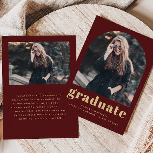 Minimalist 2-Photo Arch Burgundy Gold Graduation Announcement