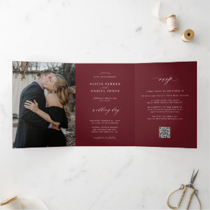 Minimalist 2 photo burgundy wedding RSVP QR Tri-Fold Invitation