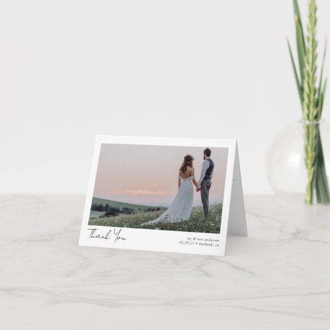 Minimalist 2 Photo Calligraphy Wedding Fodled Thank You Card (Front)