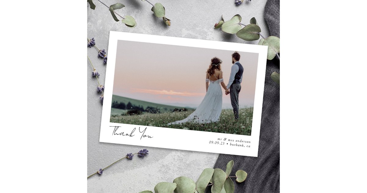 Minimalist 2 Photo Calligraphy Wedding Thank You Card | Zazzle