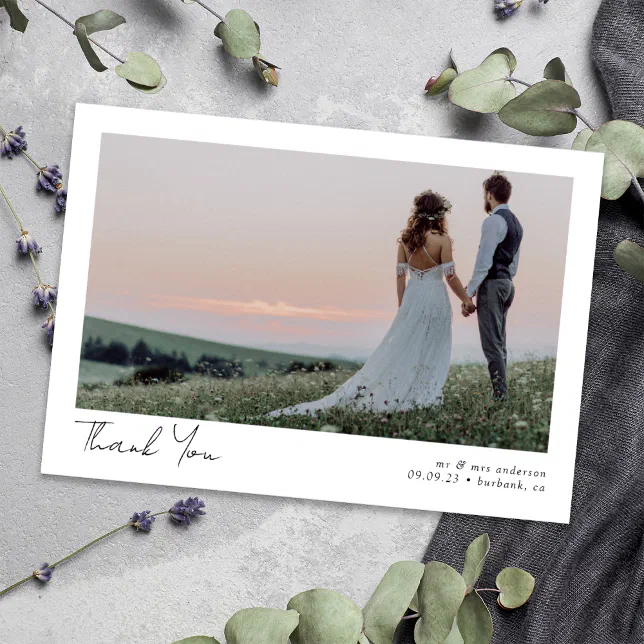 Minimalist 2 Photo Calligraphy Wedding Thank You Card | Zazzle
