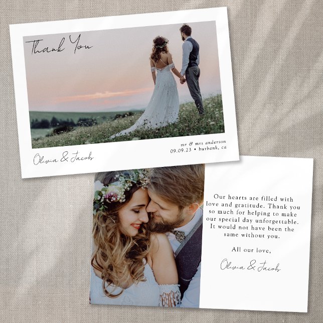 Minimalist 2 Photo Calligraphy Wedding Thank You Card (Creator Uploaded)